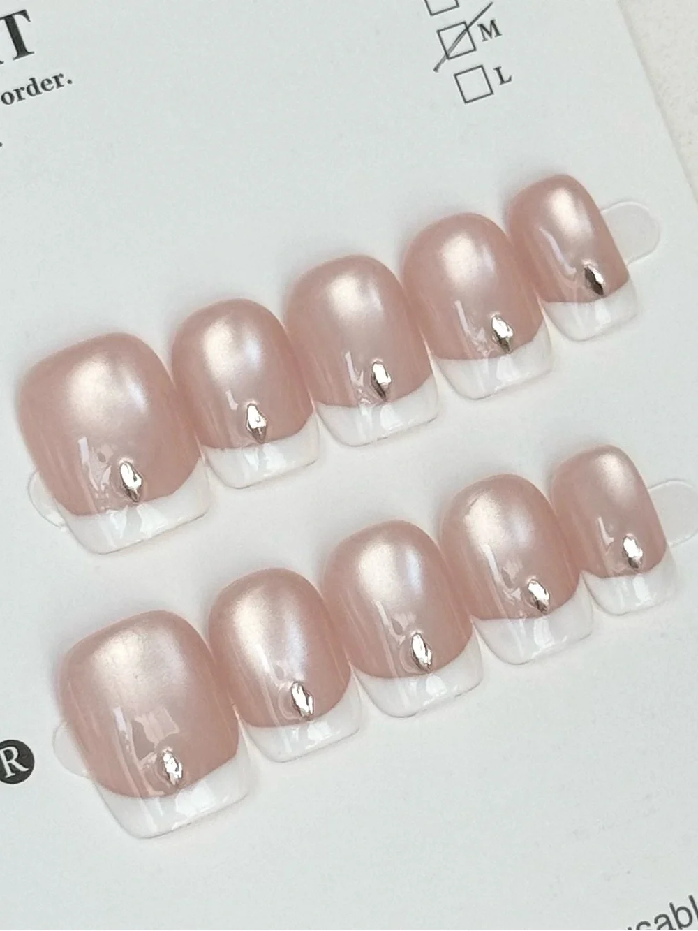 Pearl Pink French Tip Press-On Nail Set with Silver Accent Size M